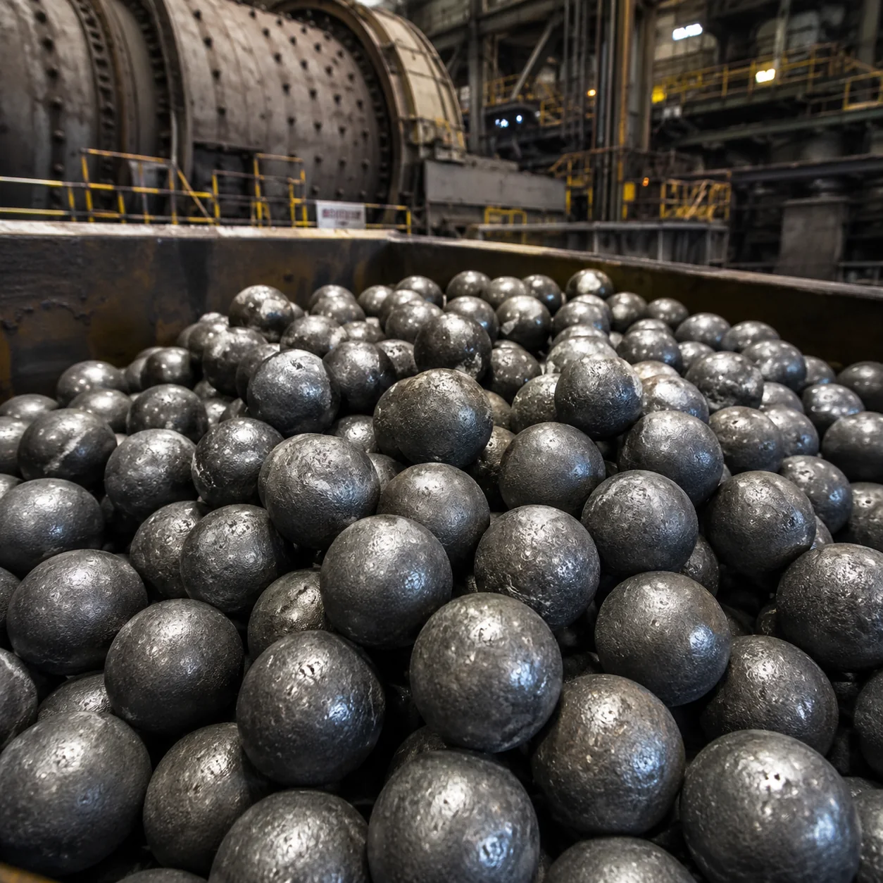 Large stock of steel grinding balls in industrial plant