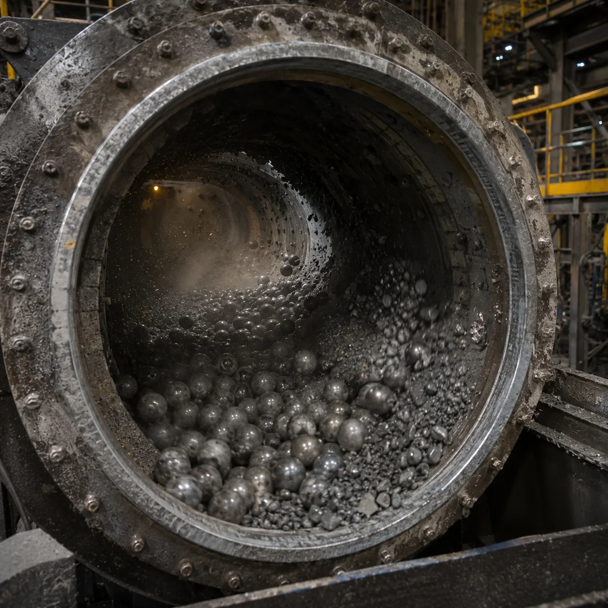Steel grinding balls in active industrial ball mill