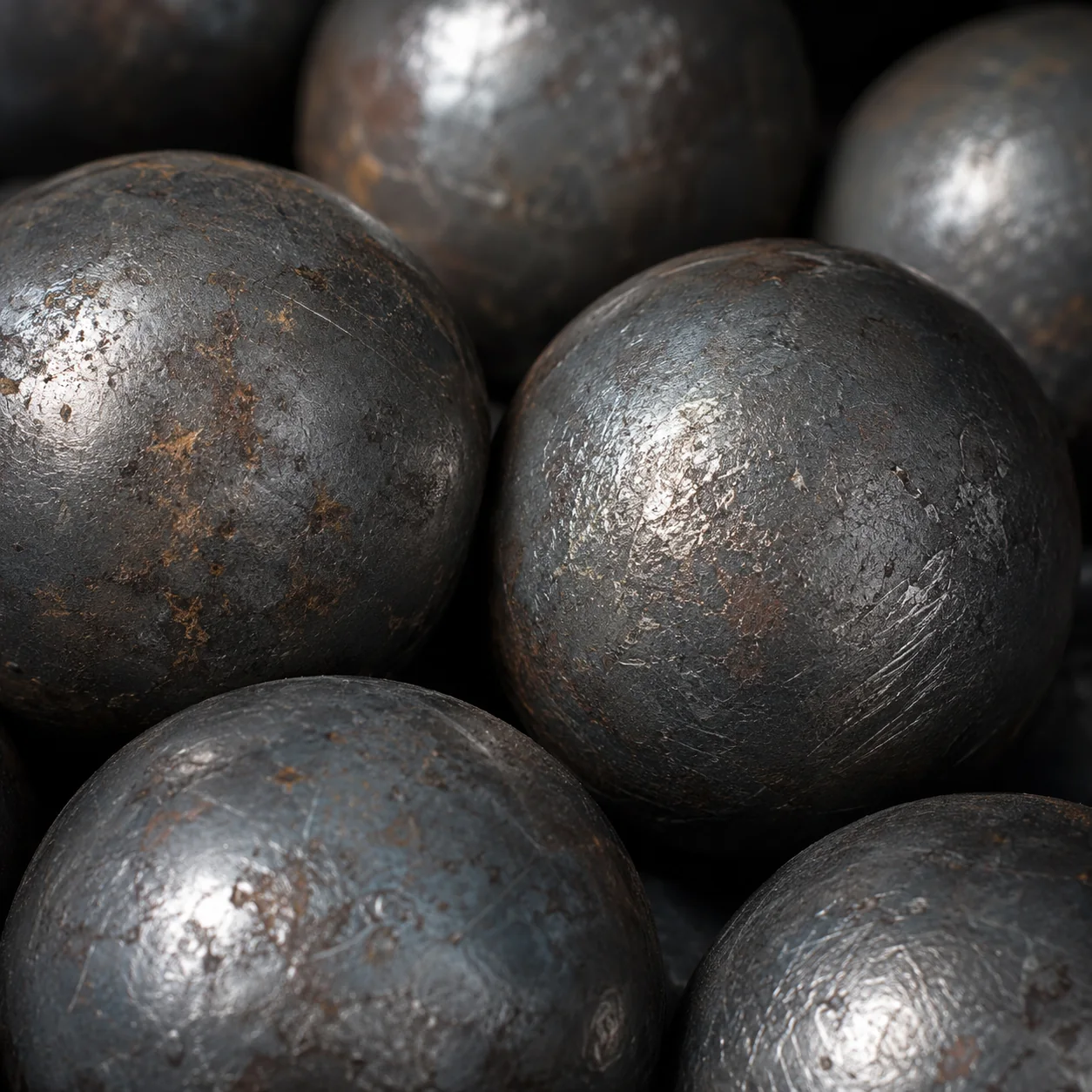 Close up of worn cast grinding balls