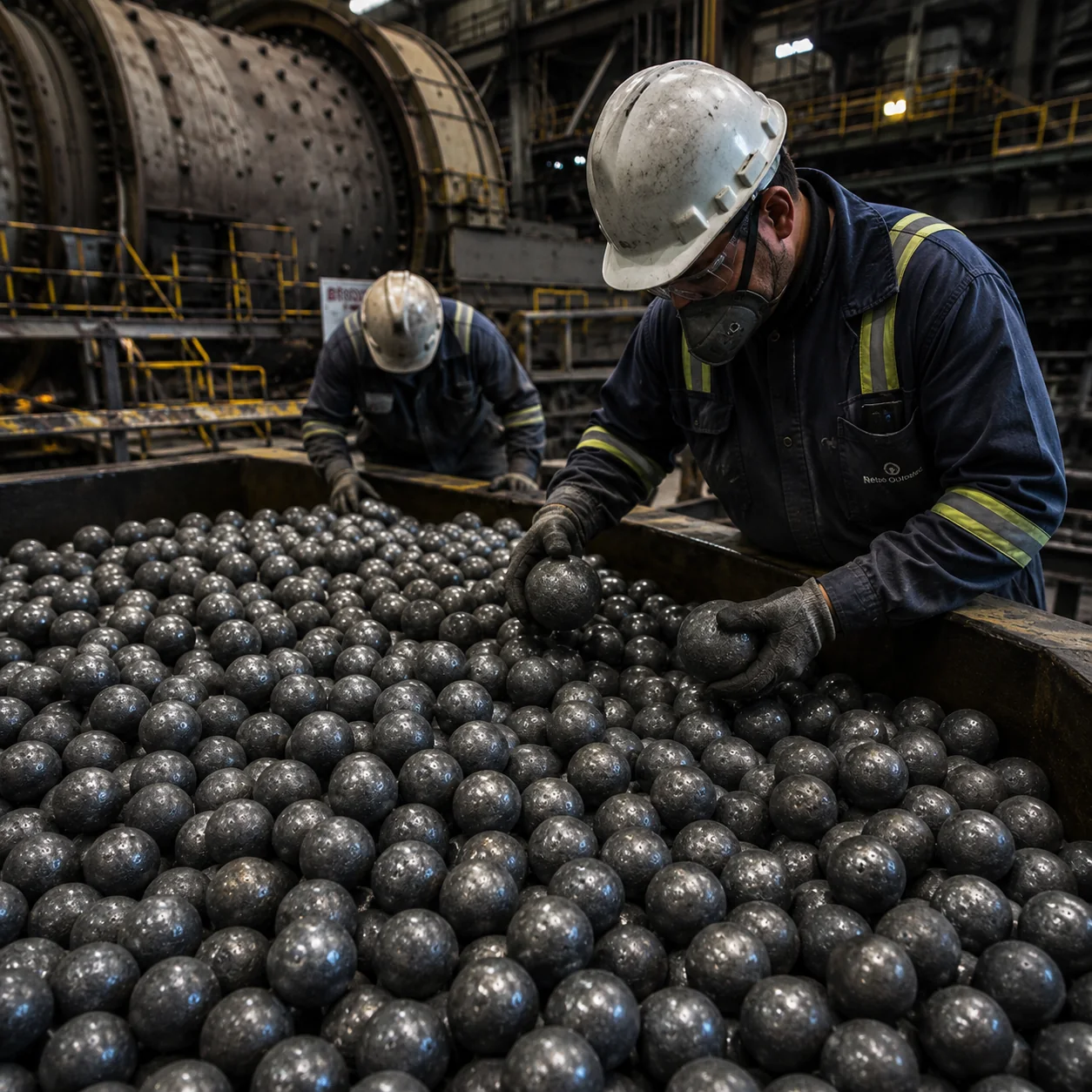 Workers inspecting steel grinding balls in a heavy industrial plant